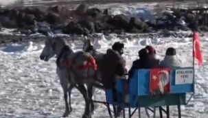 Çıldır Gölü'nde atlı kızak ve bisiklet keyfi