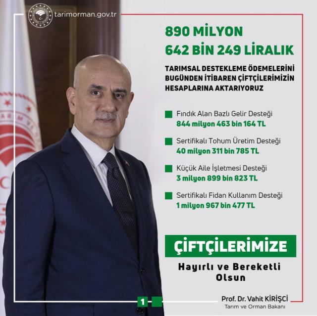 Çiftçiye 890 milyon 642 bin TL'lik destek ödemesi bugün hesaplarda