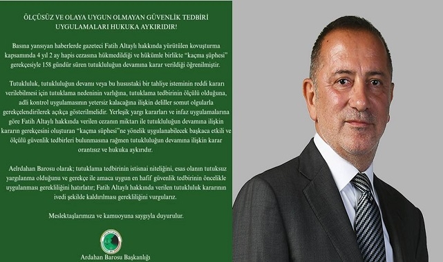 Ardahan Barosu’ndan Fatih Altaylı Kararına Tepki: “Ölçüsüz Güvenlik Tedbiri Hukuka Aykırıdır”
